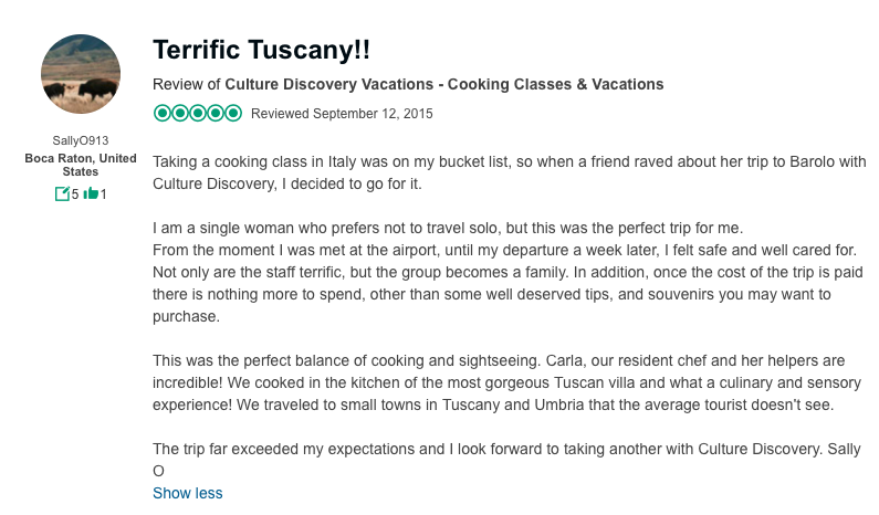 A solo traveler reviews our tuscan vacations